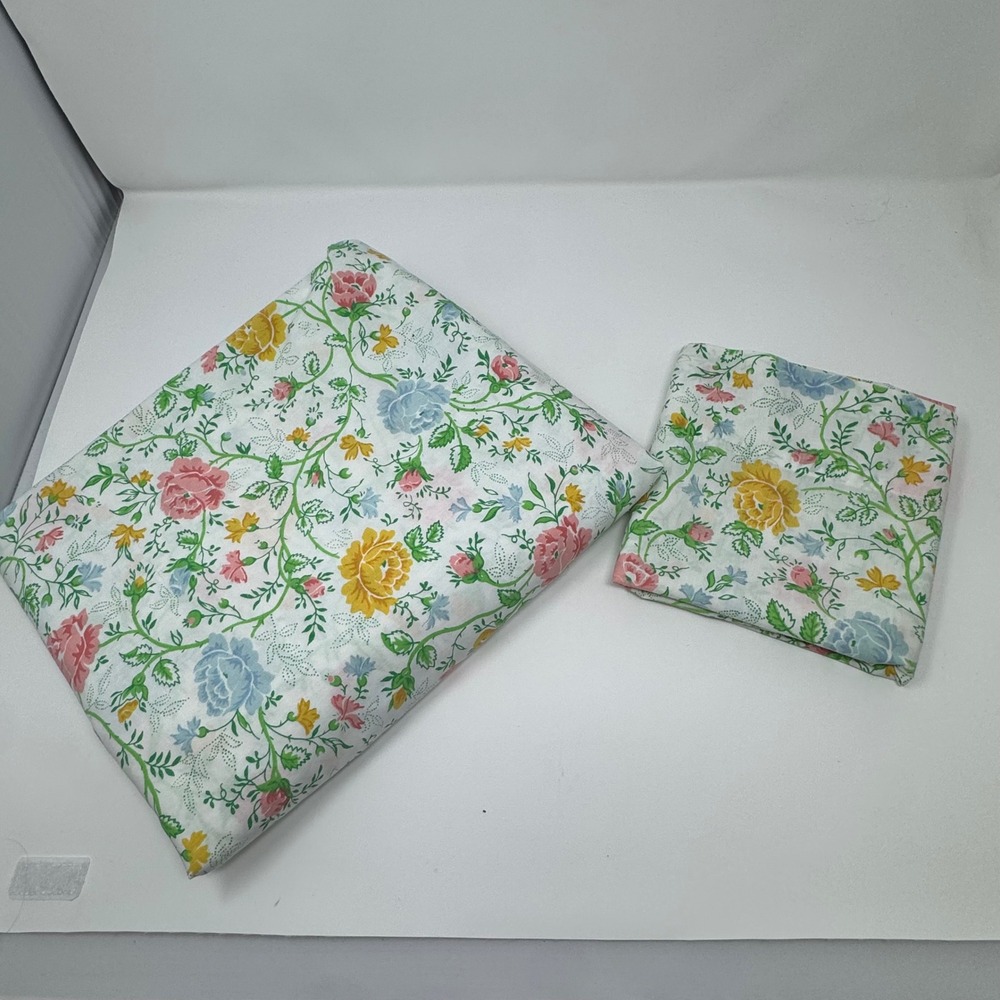 Vintage Percale top Sheet pillow Set Twin White Floral Pink Yellow Blue Rose USA